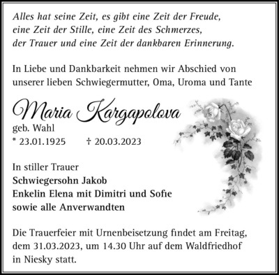 Familienanzeigen - Trauer