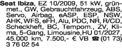 Fahrzeugverkäufe - Seat