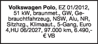 Fahrzeugverkäufe - Volkswagen